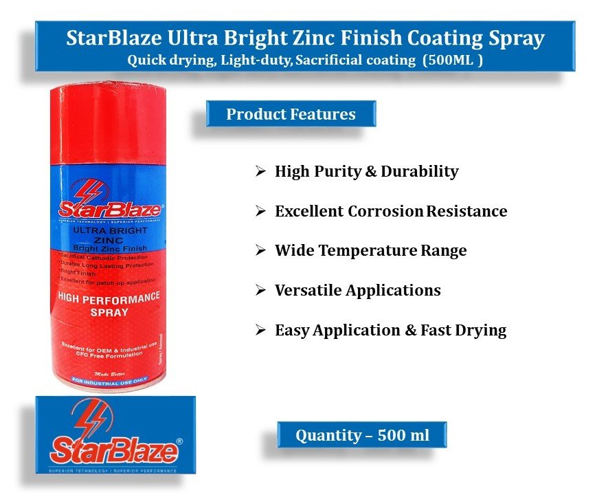 StarBlaze Ultra Bright Zinc Finish Spray – High-Purity Zinc Coating for Rust Protection – 500ml (Pack of 2) – Indoor & Outdoor Anti-Corrosion Spray