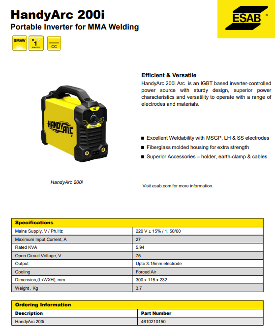 ESAB Handy Arc 200i Arc Welding Machine – Portable 220V IGBT Inverter Welder for MMA Welding – Supports Up to 4mm Electrodes – High Efficiency for Professional & DIY Use - Image 9